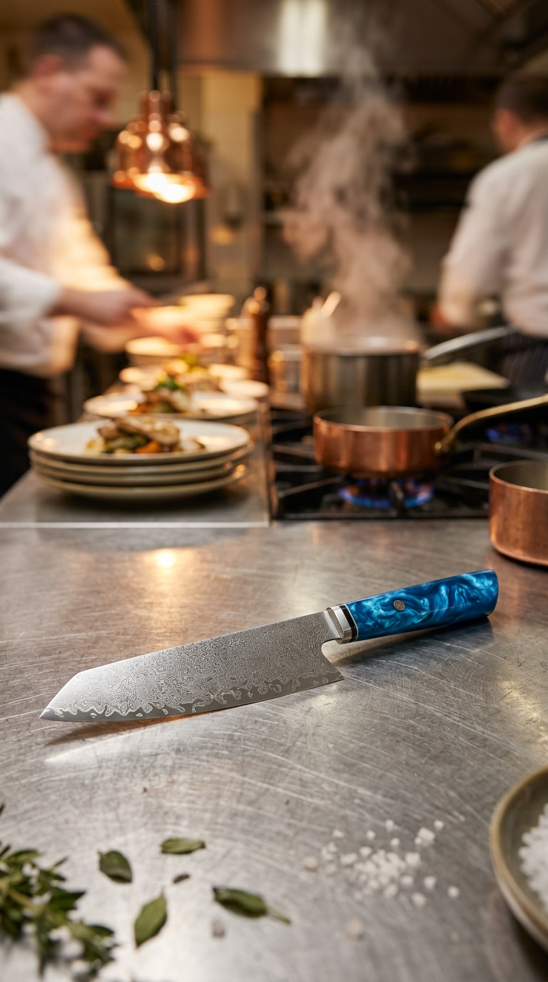 Couteau japonais Mamorigatana à manche bleu, lame damas, dans une cuisine professionnelle